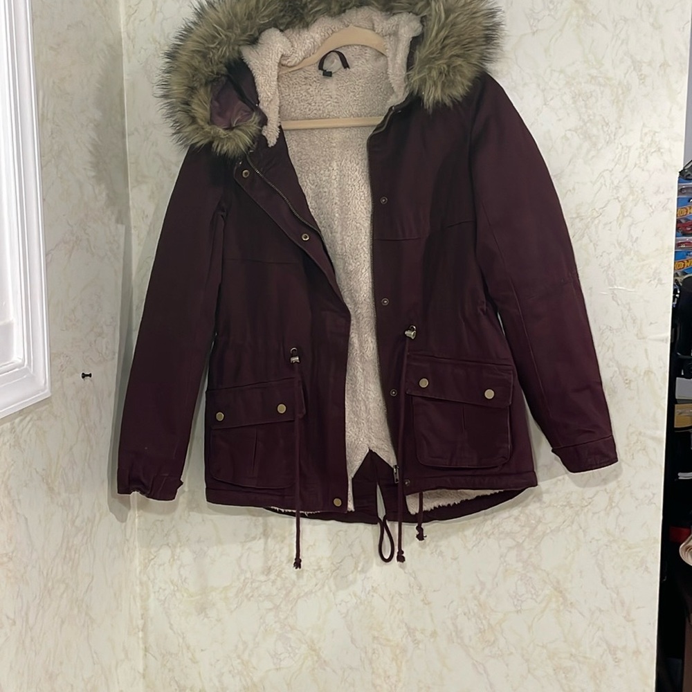 H&M Burgundy Parka Jacket with Faux Fur Hood